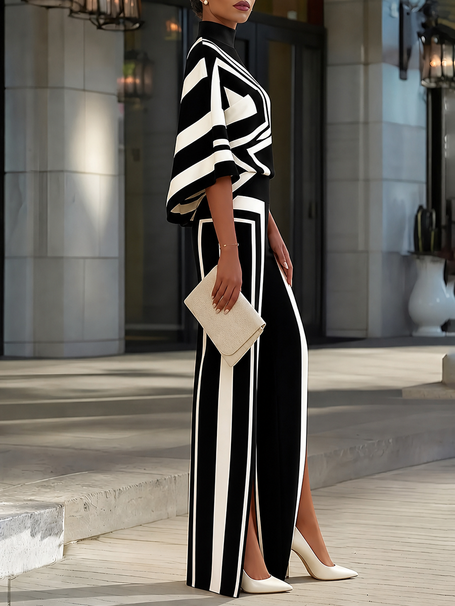 Striped Wide-Leg High-Waist Contrast Pants