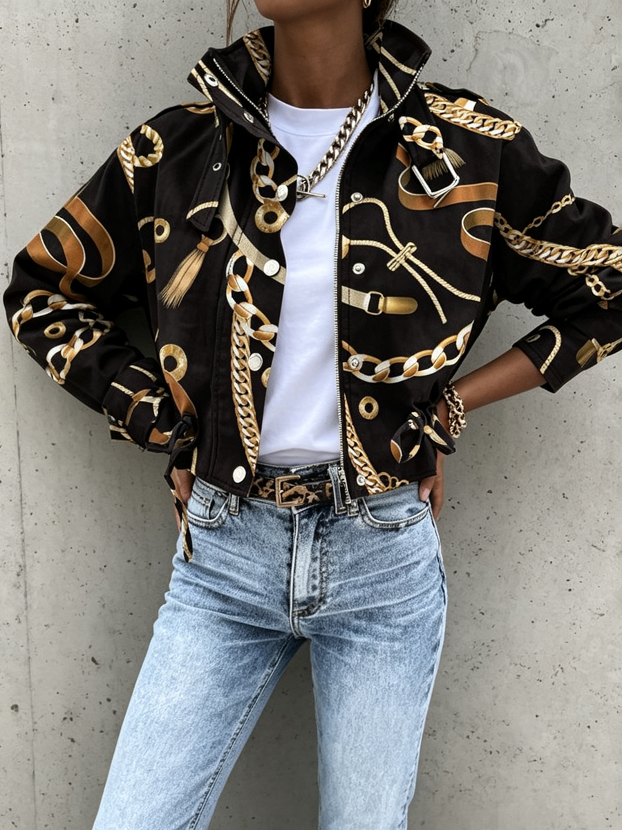 Printed Stand-Collar Drawstring Button-Detail Jacket