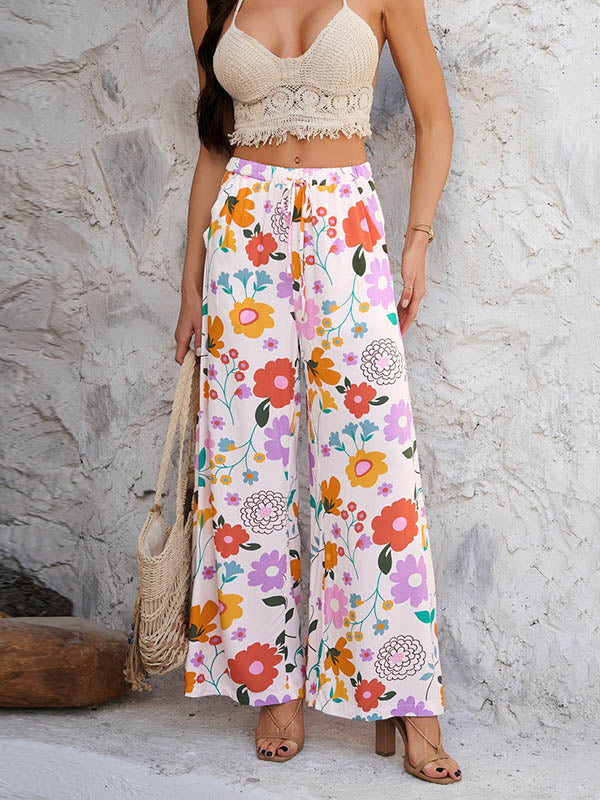 Floral High-Waist Drawstring Pocket Pants