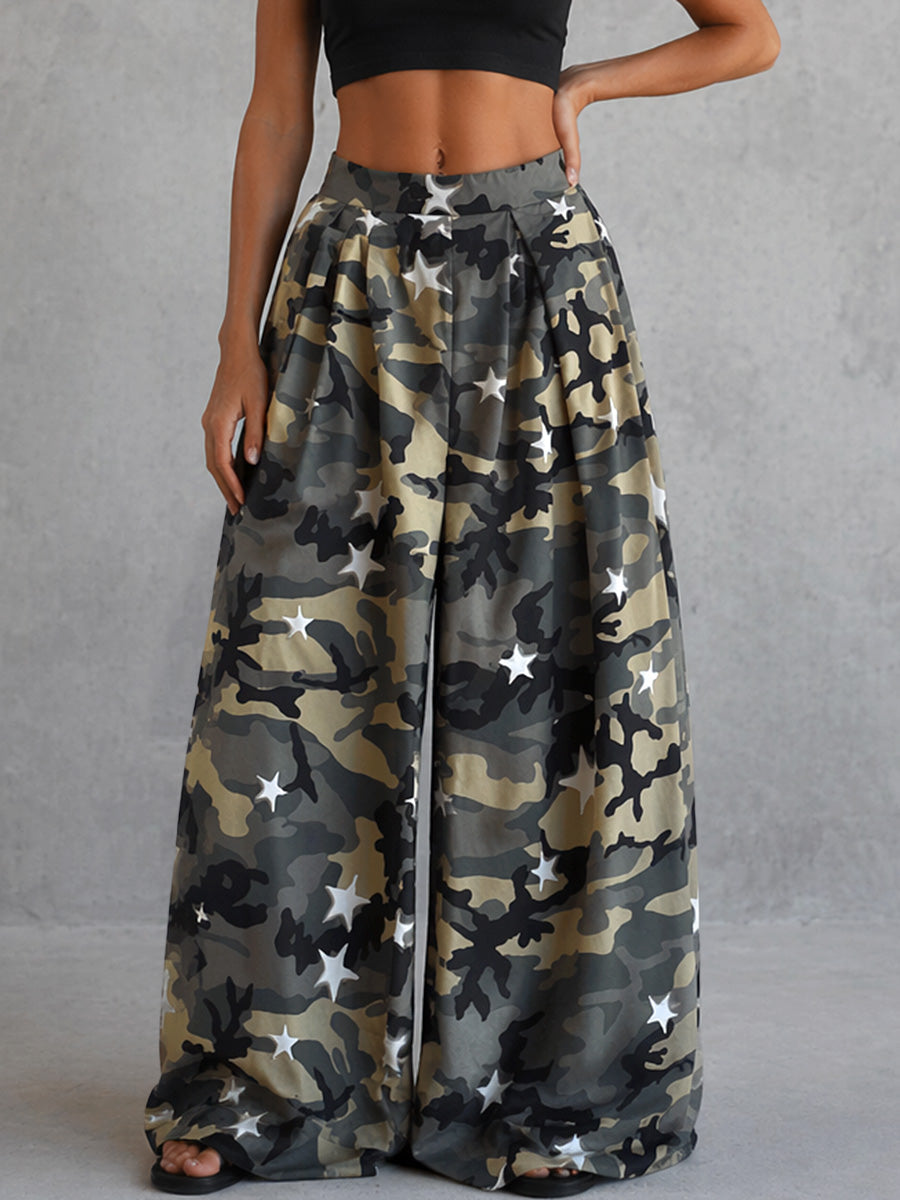Camouflage Wide-Leg Pocket Elastic Pants