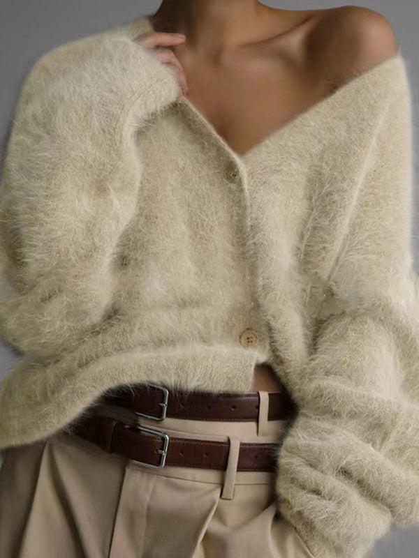 V-Neck Button-Detail Long-Sleeve Relaxed Cardigan