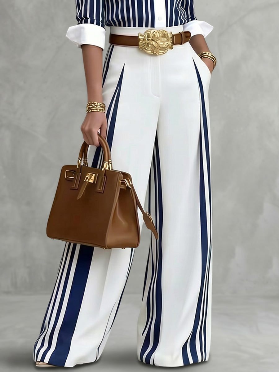 Wide-Leg High-Waist Pocket Contrast Belt