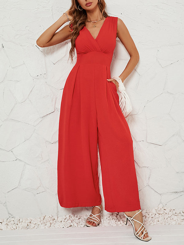 V-Neck Pleated Sleeveless Relaxed Jumpsuit