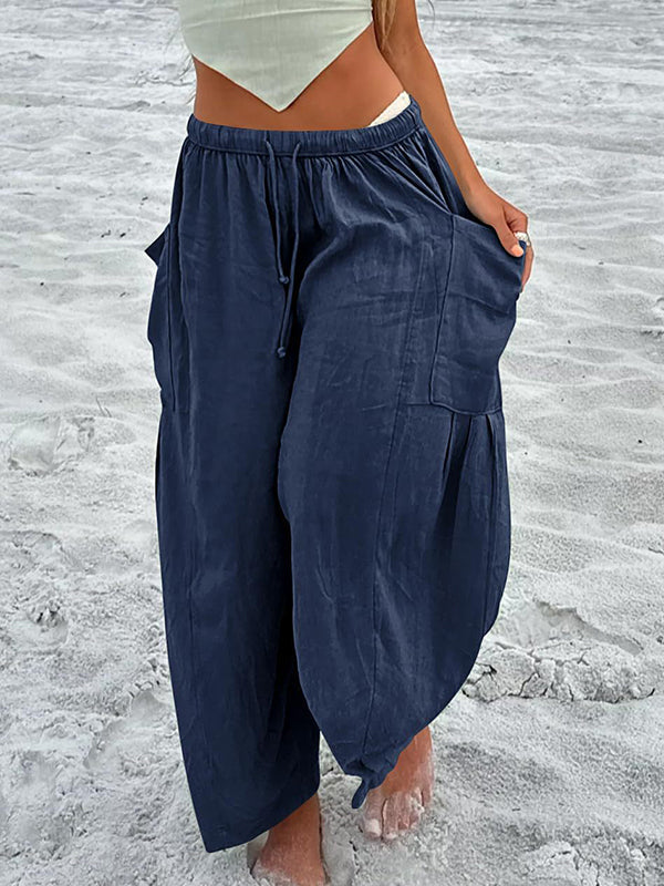 High-Waist Pleated Drawstring Pocket Pants