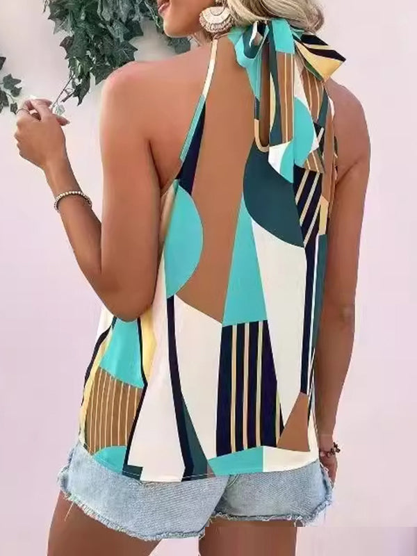 Printed Halter-Neck Pleated Sleeveless Vest