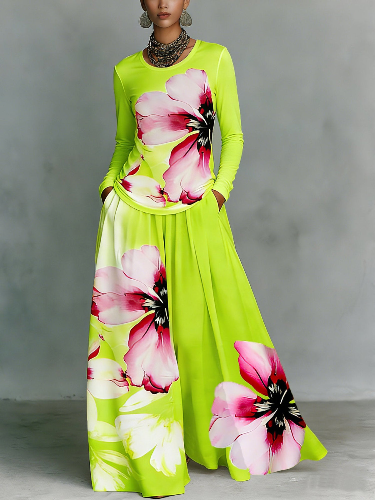 Floral High-Waist Pleated Pocket Pants