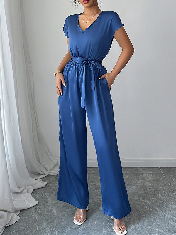 High-Waist V-Neck Pleated Open-Back Jumpsuit