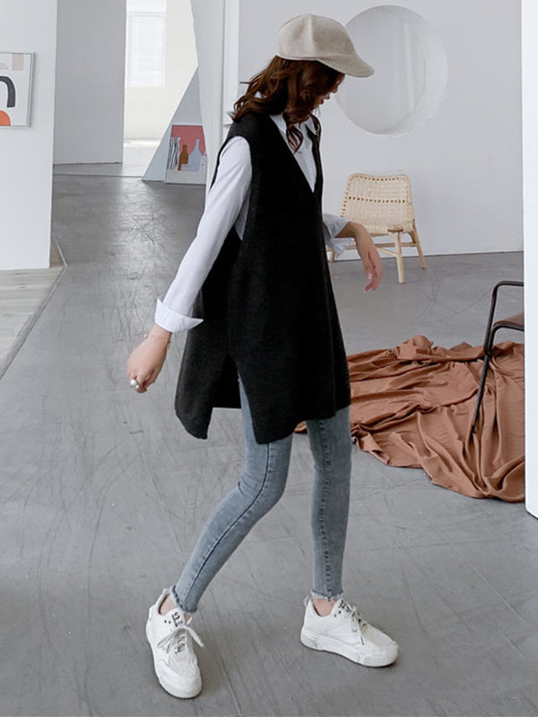 Knit V-Neck Side-Split Sleeveless Vest