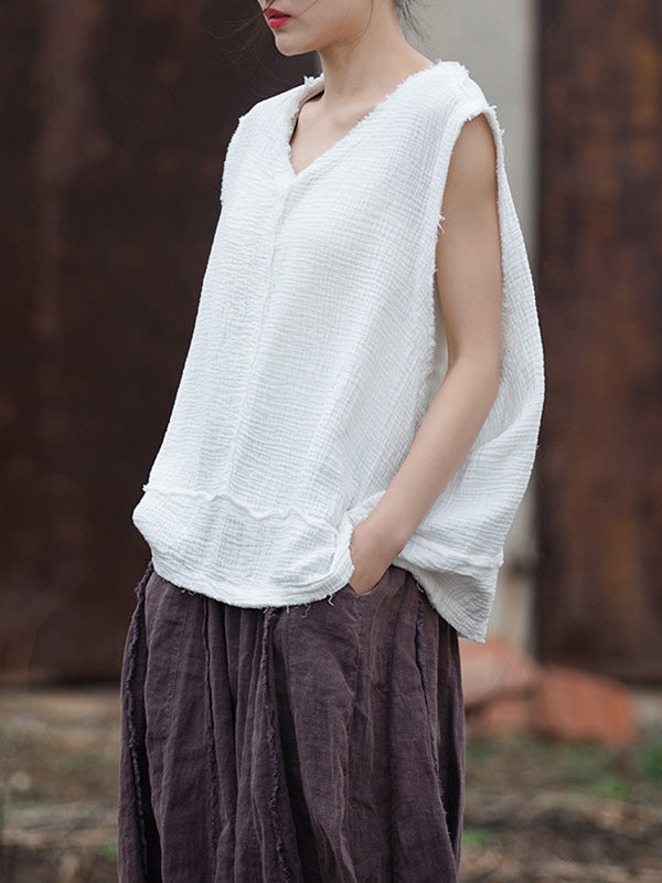 V-Neck Pleated Fringe Sleeveless Vest
