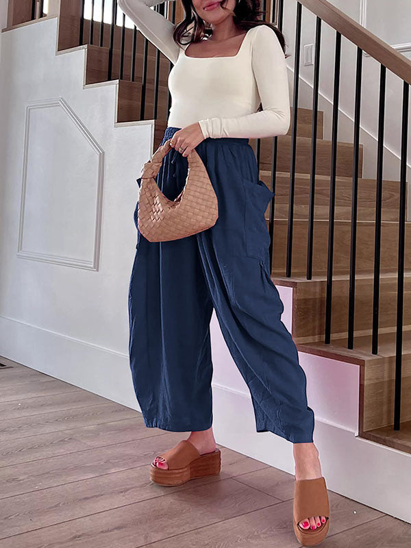 High-Waist Pleated Drawstring Pocket Pants