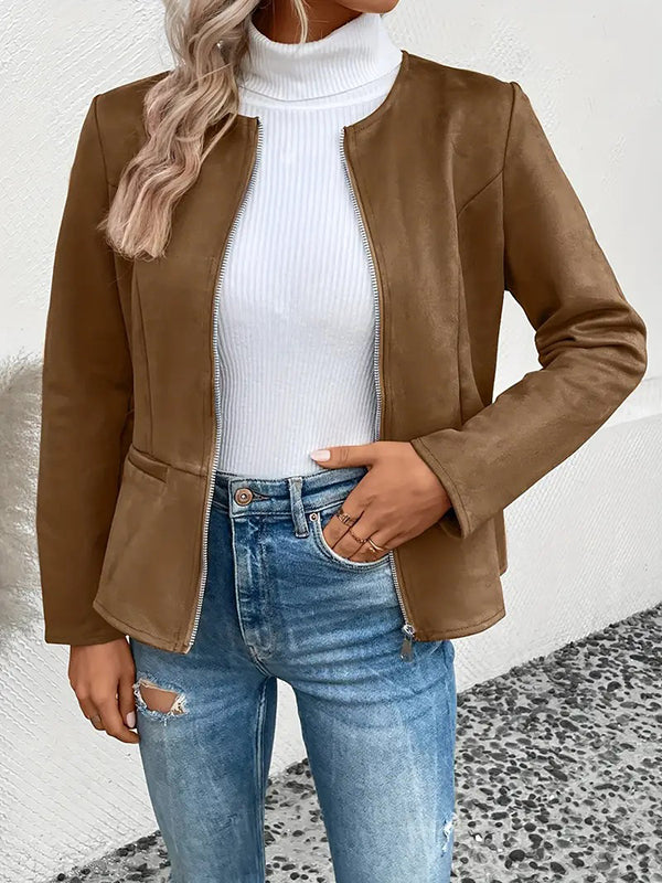 Round-Neck Zip Pocket Long-Sleeve Jacket