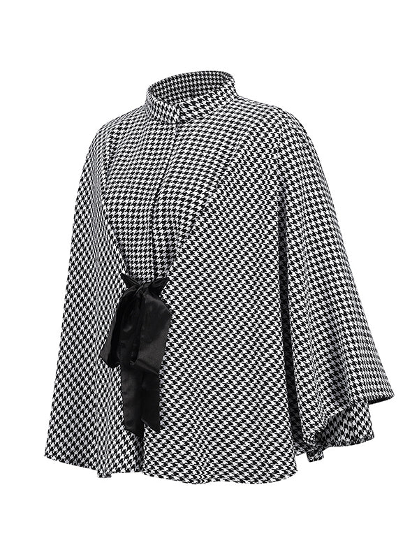 Houndstooth Stand-Collar Batwing Long-Sleeve Jacket
