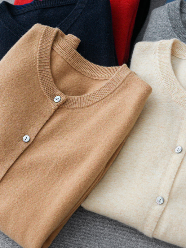 Knit Round-Neck Button-Detail Long-Sleeve Cardigan