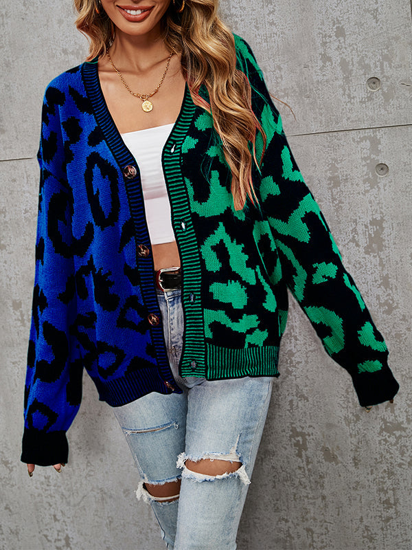 Leopard Print V-Neck Button-Detail Long-Sleeve Cardigan