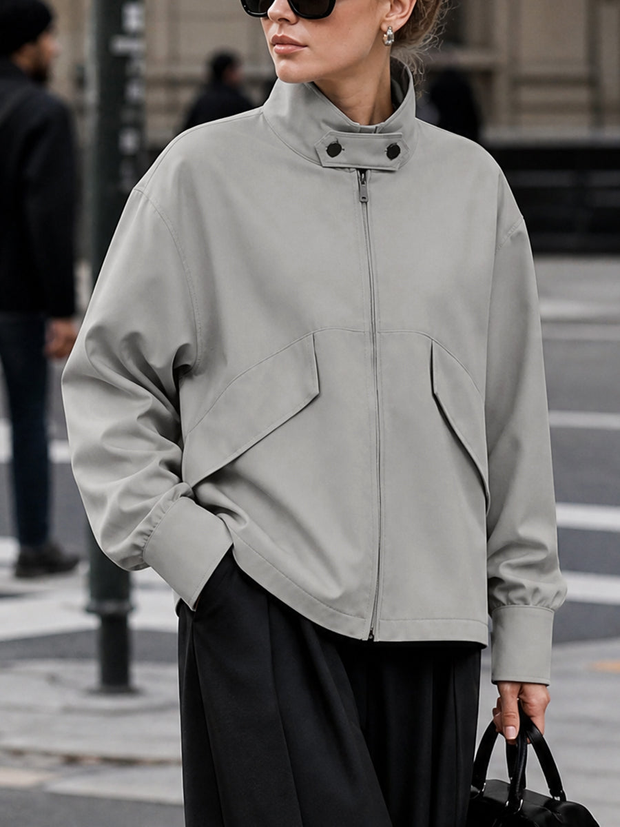 Stand-Collar Zip Long-Sleeve Relaxed Jacket