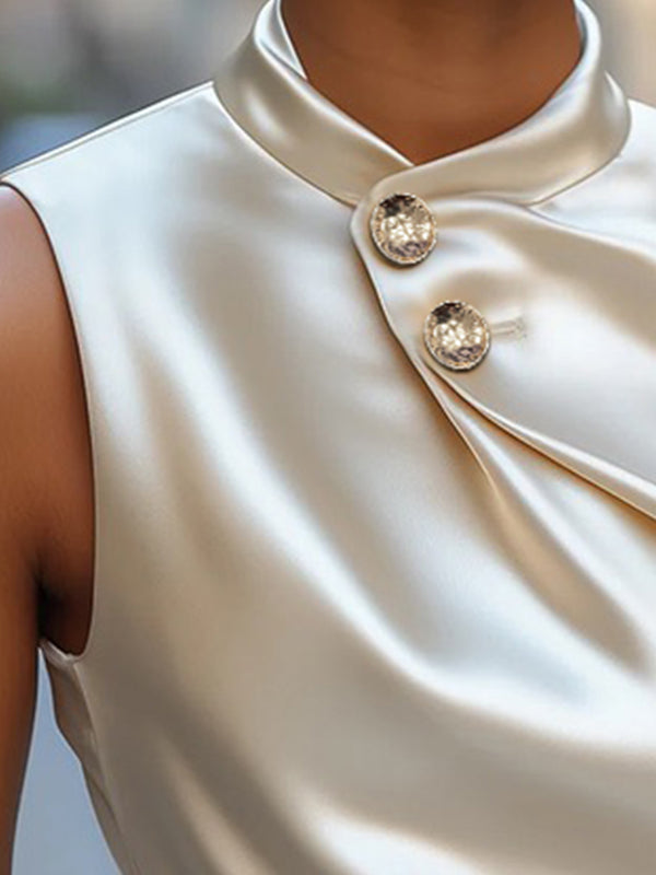 Stand-Collar Button-Detail Sleeveless Tank Top