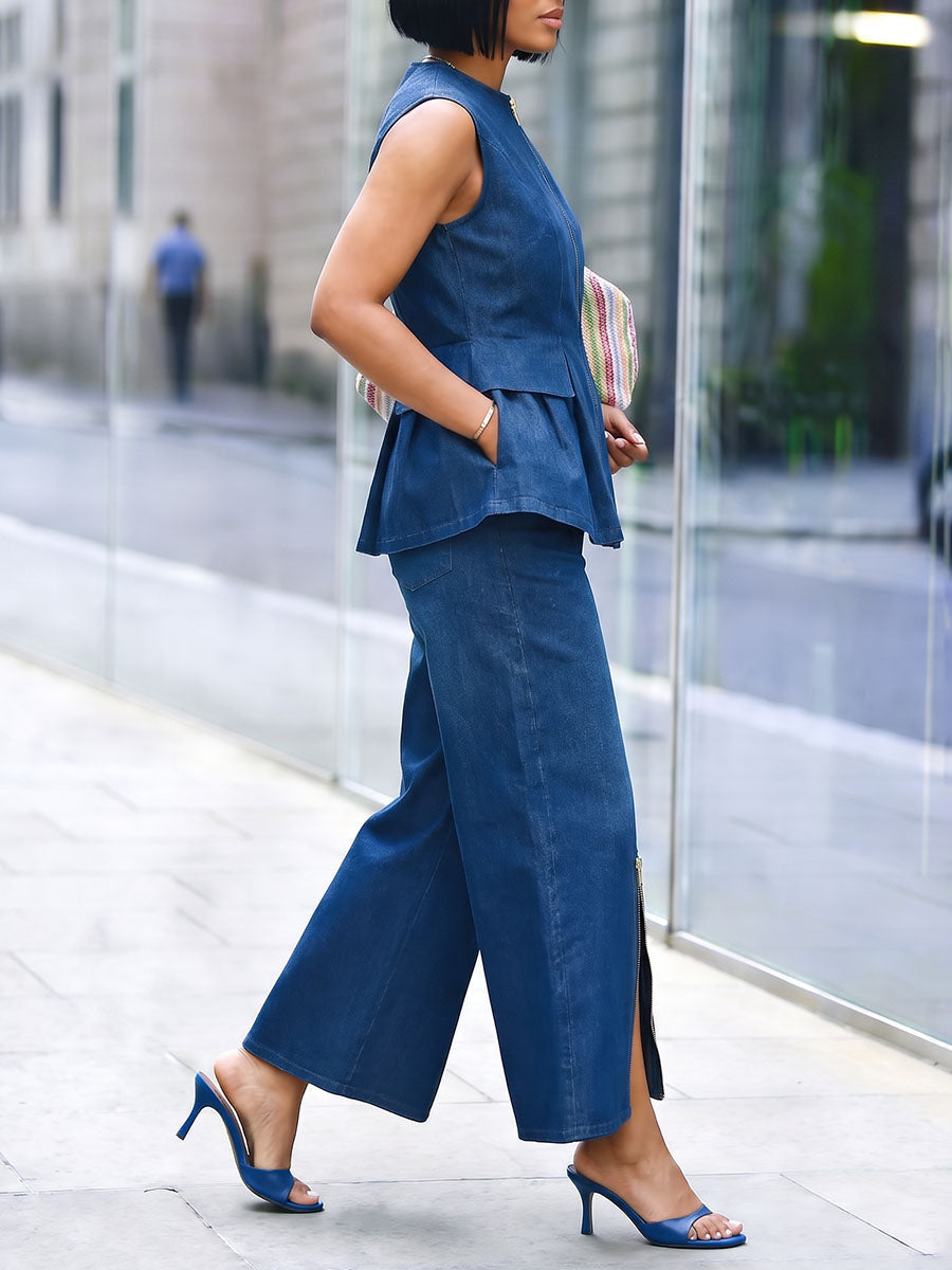Wide-Leg Cropped Zip Pocket Pants