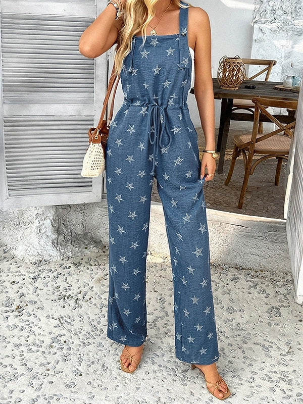 Printed Drawstring Button-Detail Pocket Jumpsuit