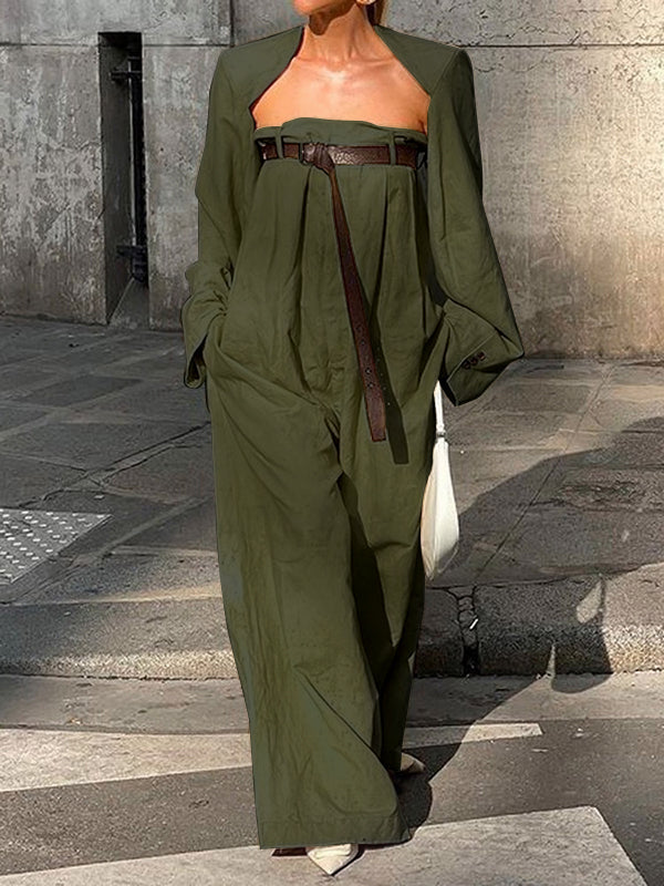 Wide-Leg Button-Detail Belted Long-Sleeve Belt