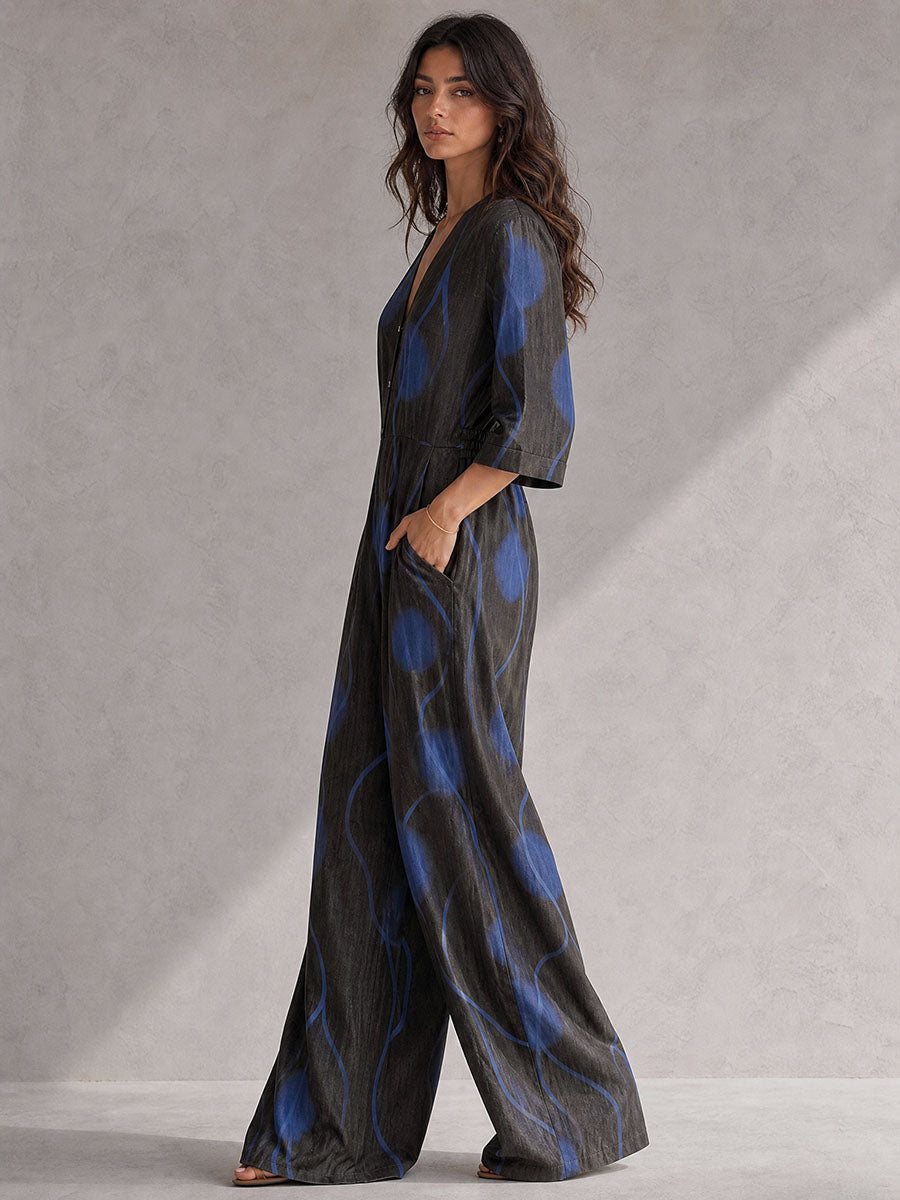 Wide-Leg V-Neck Button-Detail Pocket Jumpsuit