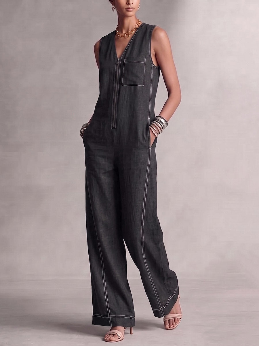 High-Waist V-Neck Zip Pocket Jumpsuit
