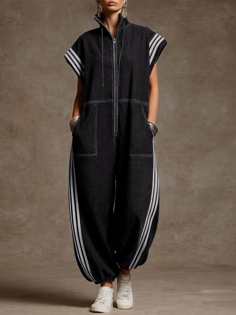 Striped Stand-Collar Zip Pocket Jumpsuit