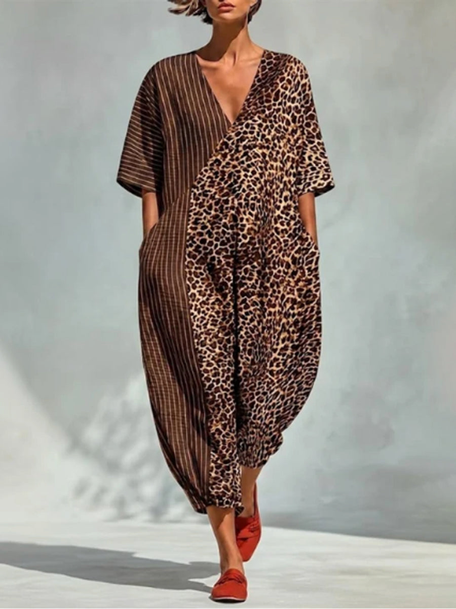 Leopard Print Striped V-Neck Pocket Jumpsuit