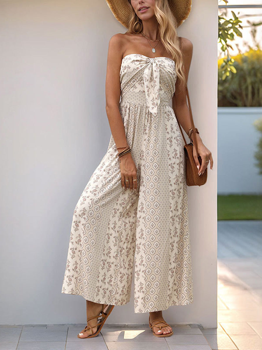 Printed High-Waist Pleated Open-Back Jumpsuit