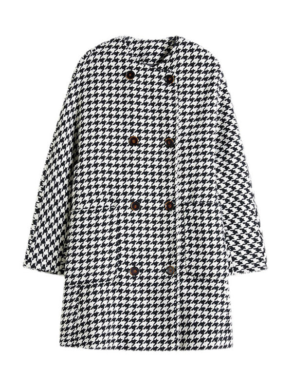 Houndstooth Round-Neck Button-Detail Long-Sleeve Coat
