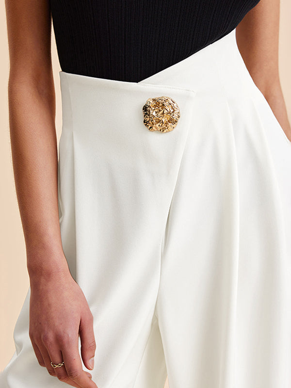 High-Waist Pleated Button-Detail Relaxed Pants
