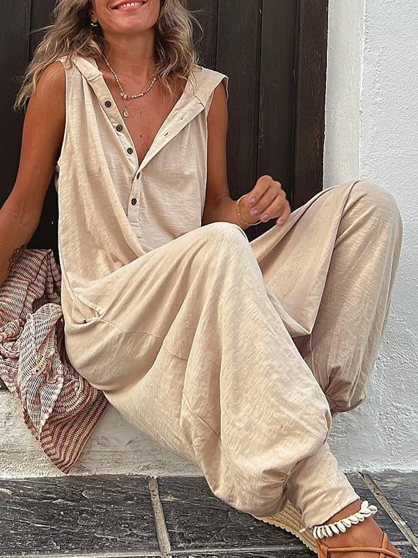 V-Neck Hooded Button-Detail Relaxed Jumpsuit