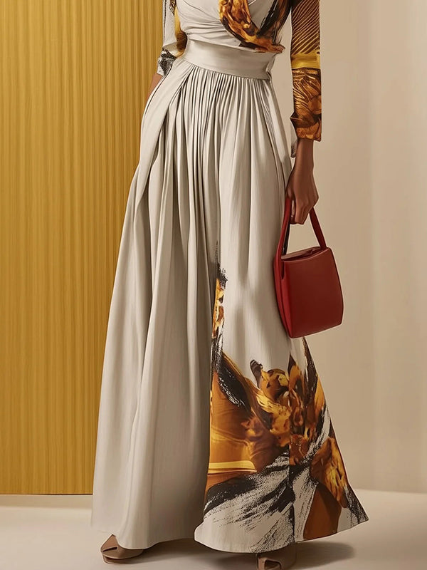 Floral V-Neck Pleated Long-Sleeve Jumpsuit