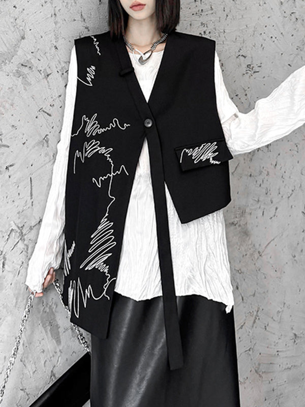 V-Neck Embroidered Asymmetric Button-Detail Vest