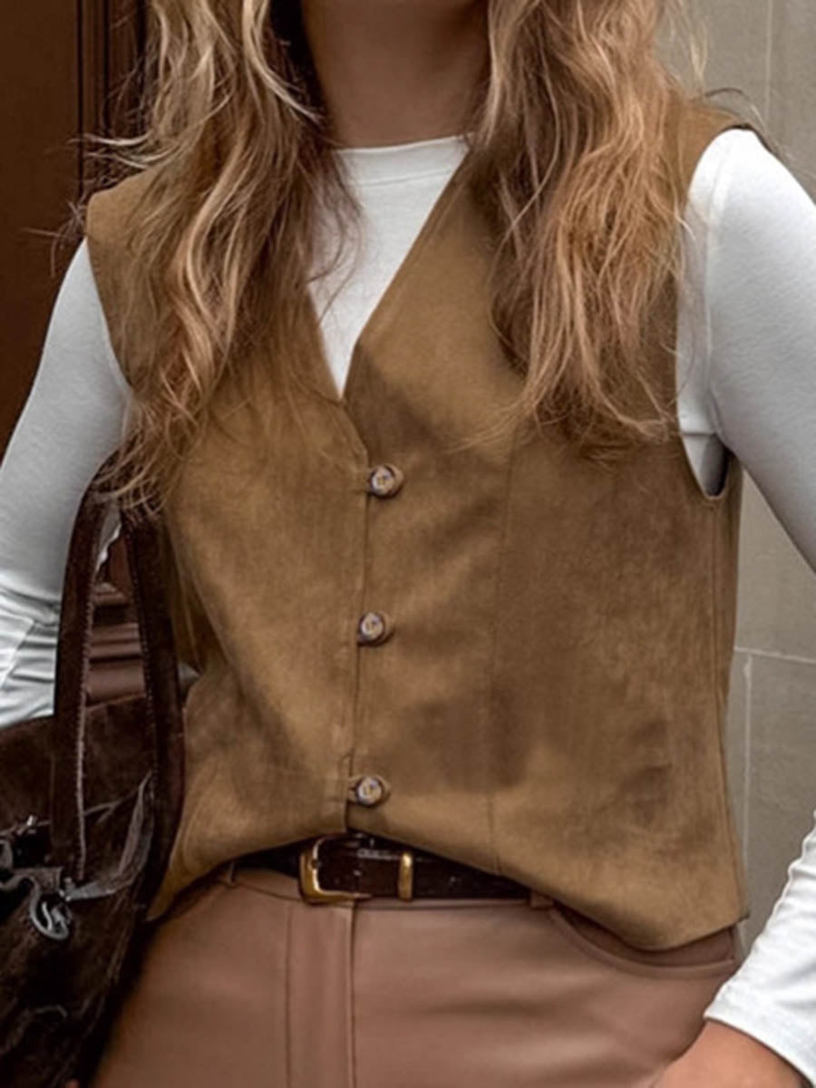 V-Neck Button-Detail Sleeveless Relaxed Vest