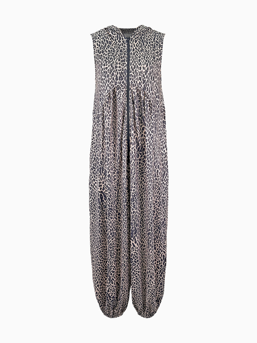 Leopard Print High-Waist Hooded Pleated Jumpsuit