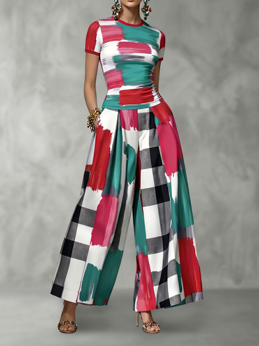 Checked Wide-Leg High-Waist Pleated Pants
