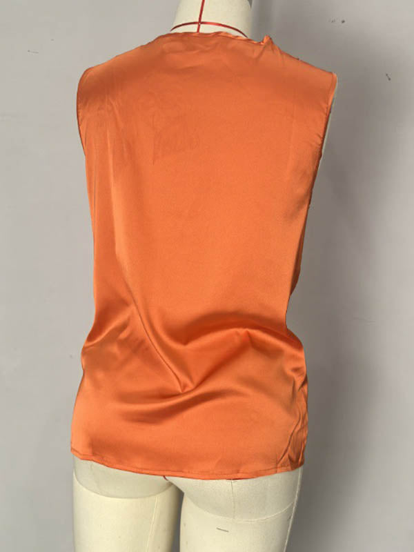 V-Neck Pleated Sleeveless Relaxed Vest
