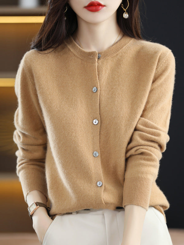 Knit Round-Neck Button-Detail Long-Sleeve Cardigan
