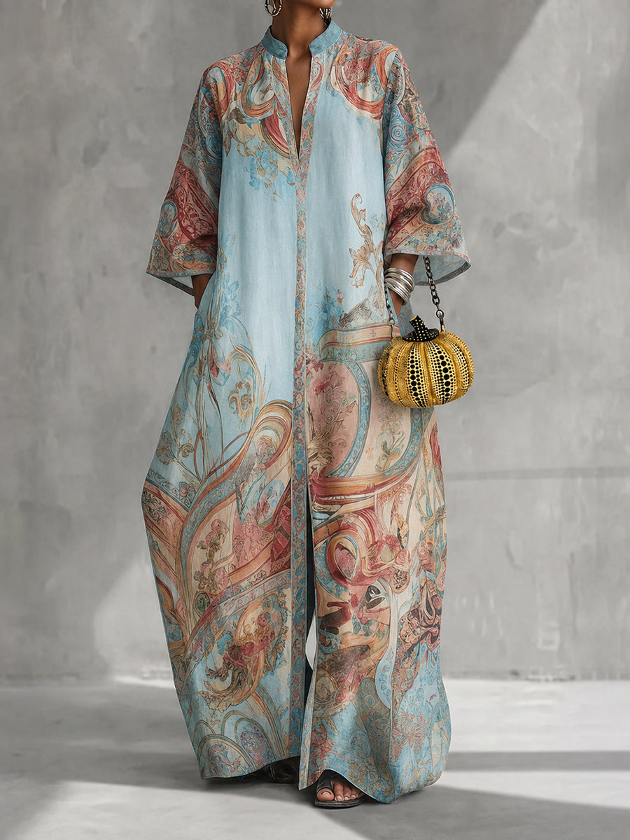 Printed Wide-Leg V-Neck Pocket Jumpsuit