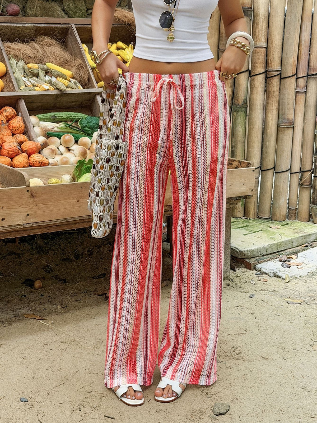 Striped Wide-Leg Drawstring Pocket Pants
