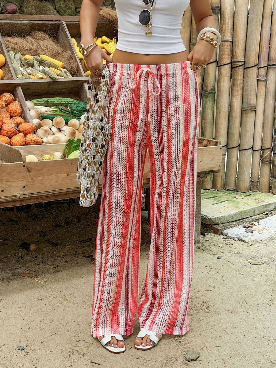 Striped Wide-Leg Drawstring Pocket Pants