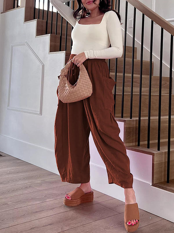High-Waist Pleated Drawstring Pocket Pants