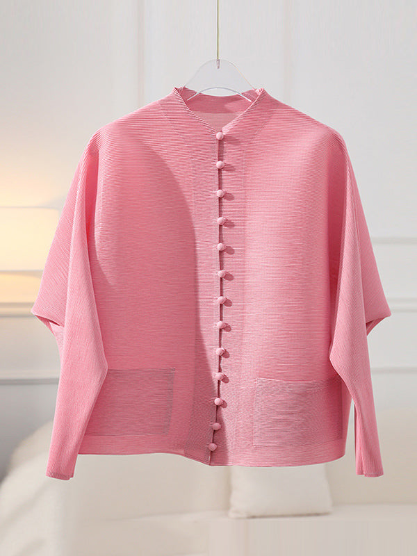 Round-Neck Pleated Button-Detail Pocket Jacket