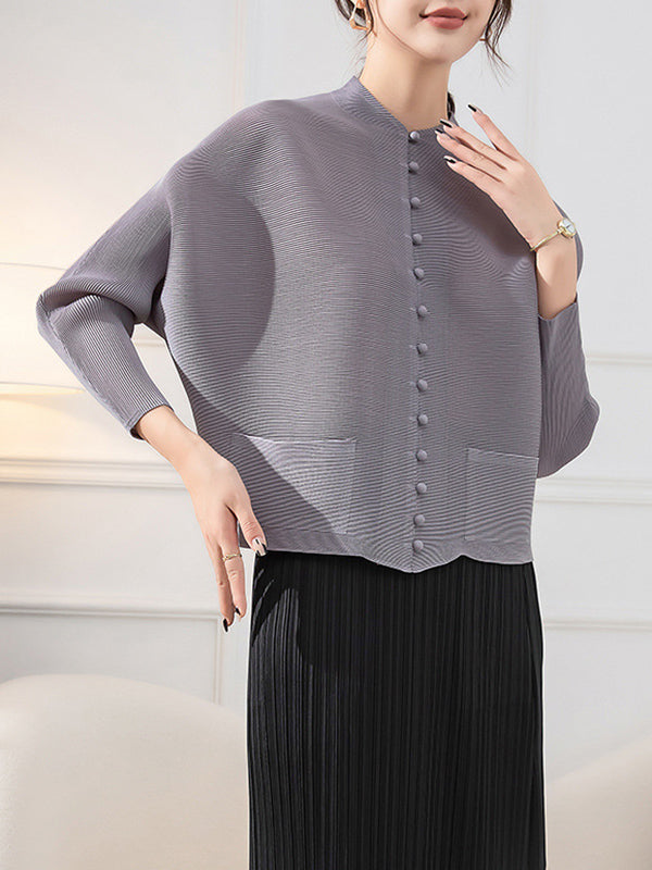 Round-Neck Pleated Button-Detail Pocket Jacket