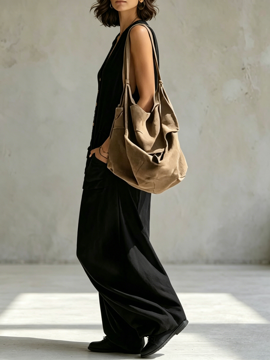 Wide-Leg V-Neck Button-Detail Pocket Jumpsuit