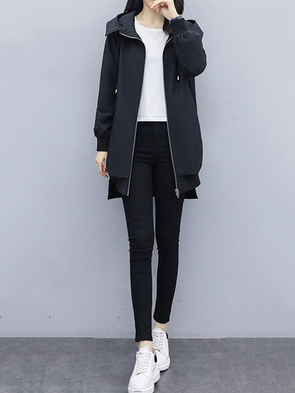 Hooded Pleated Zip Long-Sleeve Jacket