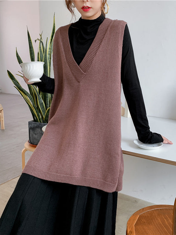 Knit V-Neck Side-Split Sleeveless Vest