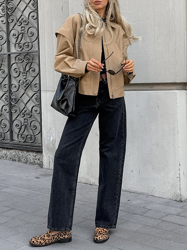Button-Detail Zip Long-Sleeve Elastic Jacket