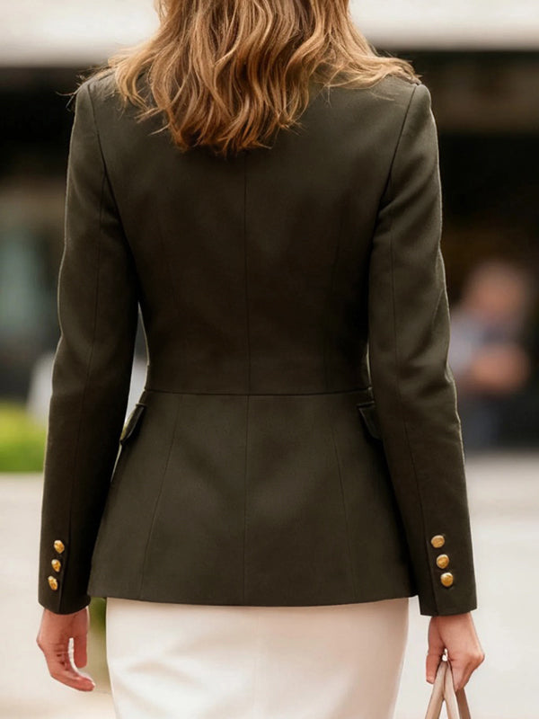 Stand-Collar Pleated Button-Detail Pocket Jacket