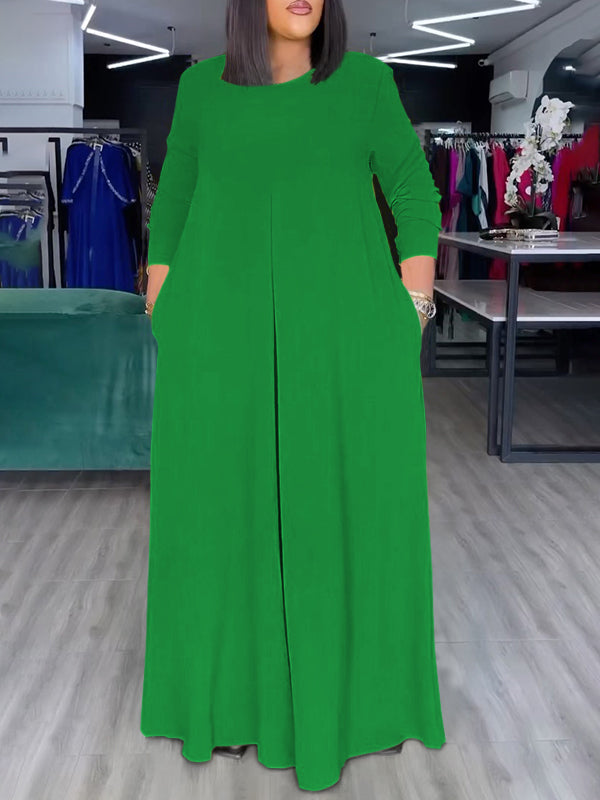 Wide-Leg Round-Neck Pocket Relaxed Jumpsuit